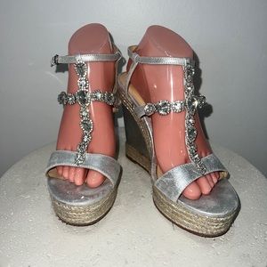 Badgley Mischka Crystal Silver Metallic Espadrille Wedges